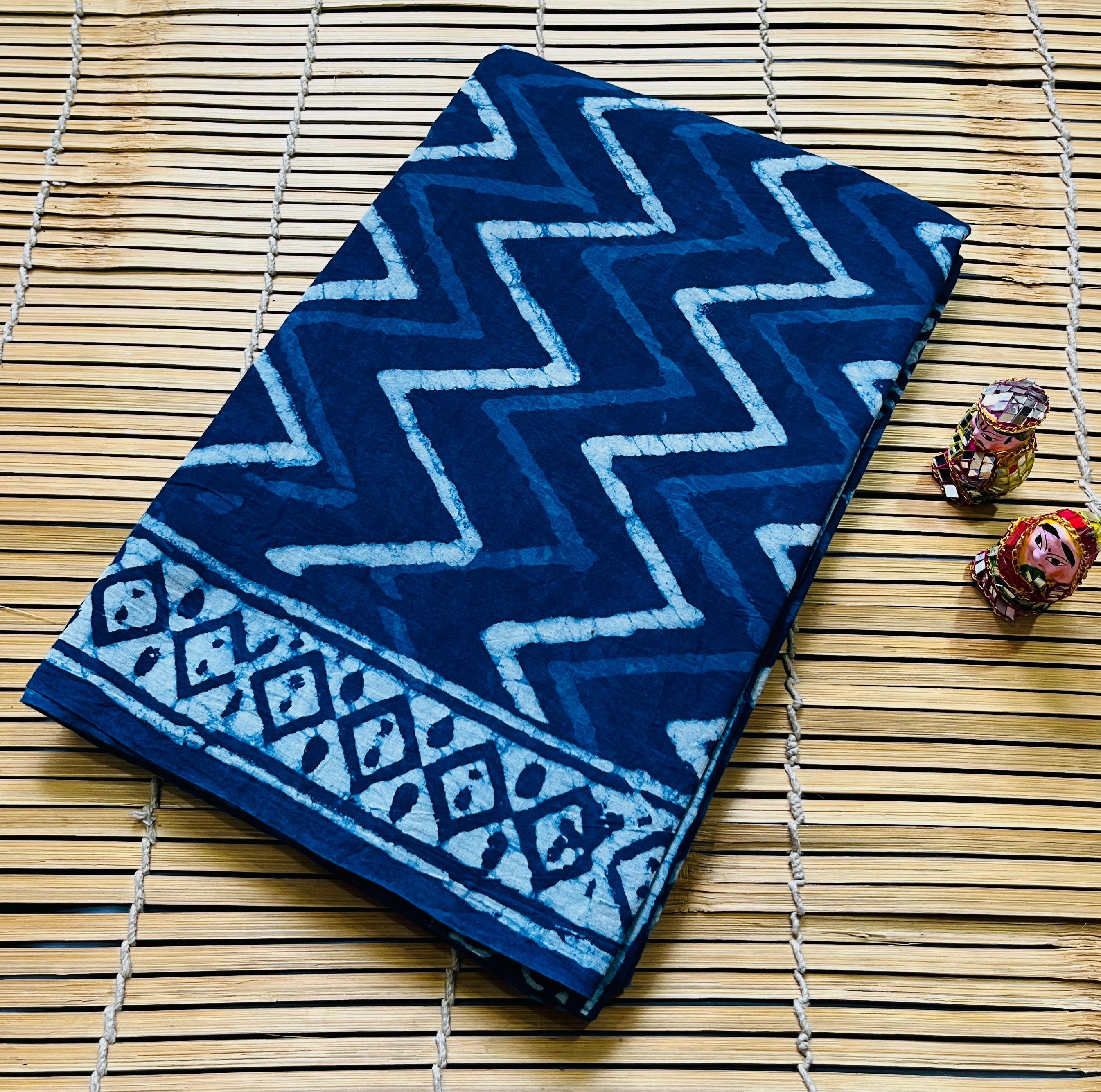 Indigo Zigzag Design Cotton Mul Handblock Saree – Designer handcrafted wholesale saree from Fabtexs